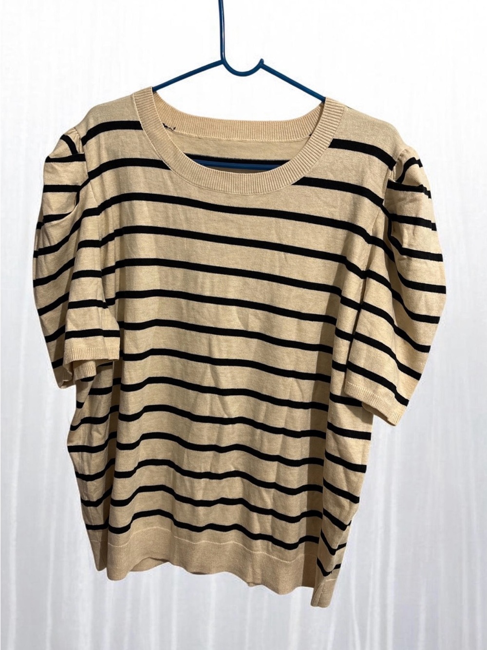 Striped Puff Sleeve Knit Top - Beige & Black